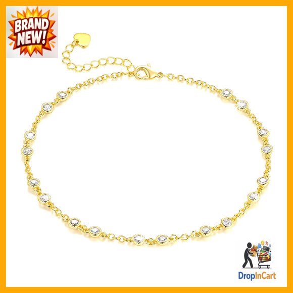 14K Gold Plated Anklet with Cubic Zirconia Stones Classic Elegant Minimalist